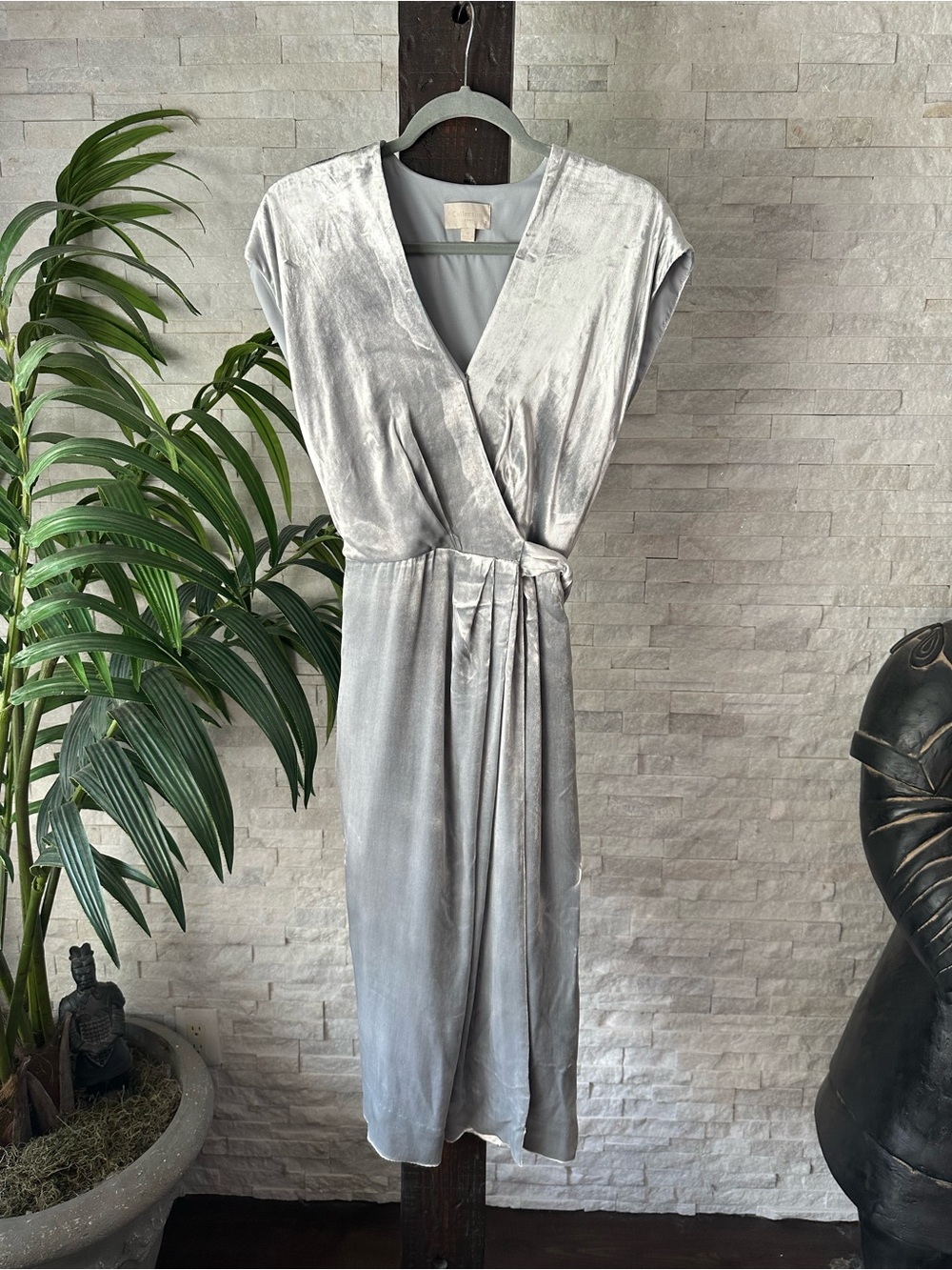 J. Crew Collection “Frieda” Velvet Silk Blend Silver Wrap Midi Dress Size 6